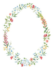 Watercolor Floral Oval Wreath with Blue Ribbon, Hand-Painted Botanical Frame for Wedding Invitations, Greeting Cards, Baby Shower, and Spring Decor
