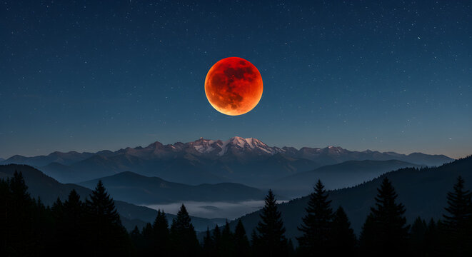 Experience the ethereal beauty of a blood moon rising above majestic mountains and serene forests, casting an enchanting glow perfect for travel, nature, or mystical themes - Powered by Adobe