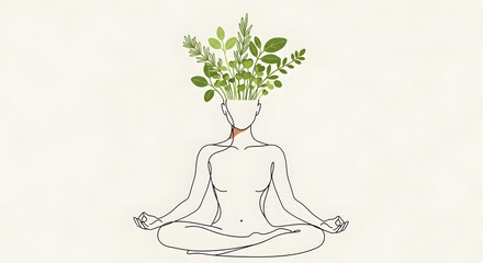 Minimalist line art illustration of a person meditating in a lotus pose, with vibrant green plants growing from their head, symbolizing natural well-being and growth.
