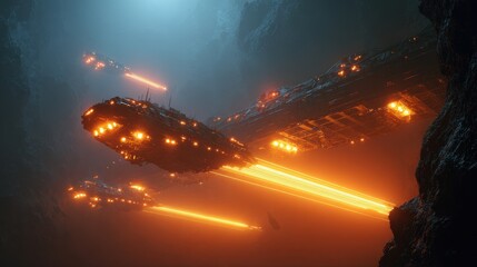 Alien fleet cave flight, orange trails, dark rocks. Sci-fi art