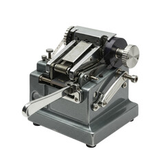 A vintage 8mm film splicer, metallic base, chrome levers, and clear plastic clamps, with visible mechanical components, against a transparent studio background, precise technical product display