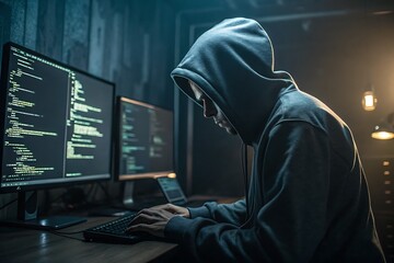 Hooded Individual Coding in Dark Room with Multiple Computer Screens

