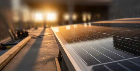 Solar panels reflect bright sunlight in a modern industrial setting, with a softly blurred background that emphasizes clean energy technology in operation.
