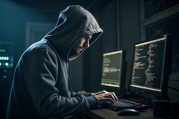 Hooded Individual Coding in Dark Room with Multiple Computer Screens

