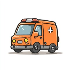 Cartoonish orange ambulance.  Simple, stylized drawing of a small orange ambulance, front-facing, with cartoonish details.  Features large, simple shapes and light-orange accents