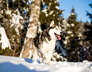 Fototapeta premium Husky dog in snowy mountain landscape