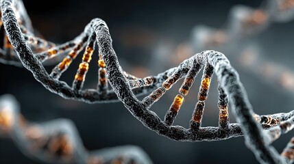 Close-up of a DNA double helix, textured, with highlighted base pairs