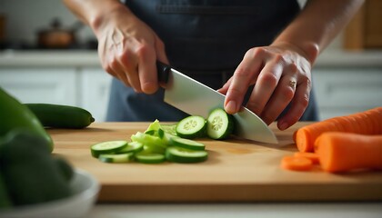 a person's hands chopping vegetables on a wooden cutting board, showcasing healthy cooking environment, created with generative ai