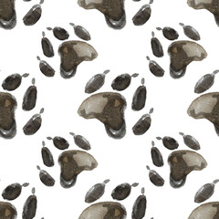 Pets. Simple seamless watercolor pattern with dog paw prints in brown color. Hand drawn on white background for packaging design, fabric, rugs and pet products