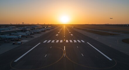 Fototapeta premium Airport Runway at Sunset with Clear Sky and Ground Equipment