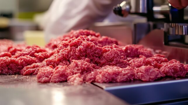 Meat processing plants are equipped with large-scale grinders, mixers, and slicers, which allow for the efficient production of ground meat and sliced products at high volumes - Powered by Adobe