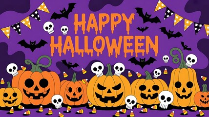 Halloween Party Invitation, banner, poster, Halloween decorations, Happy Halloween vertical banner. Flat lay pumpkins, ghosts, bats, spiders, and webs on purple background, created with generative ai