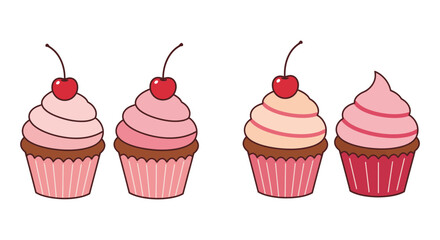 Four Cute Cupcakes with Pink Frosting and Cherries on a White Background