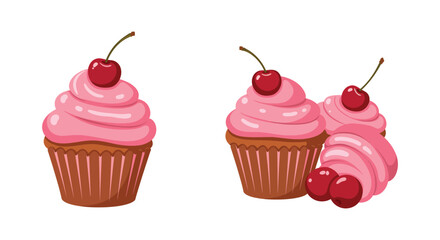 Three Pink Frosted Cupcakes Topped with Cherries on a White Background