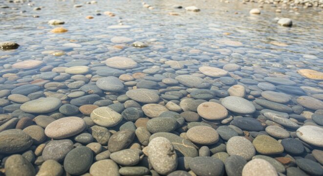 Clear water flowing over smooth river rocks and pebbles in a shallow stream.
