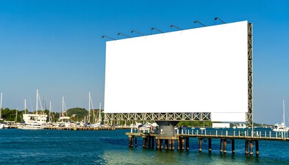 Blank Billboard on Pier Overlooking Waterfront with Boats in Background