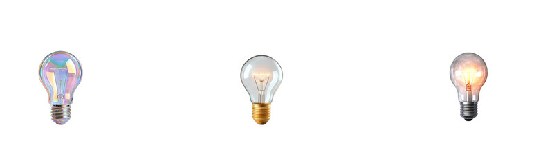 Three different lightbulbs with distinct appearances and illumination levels presented in a line, cut out transparent