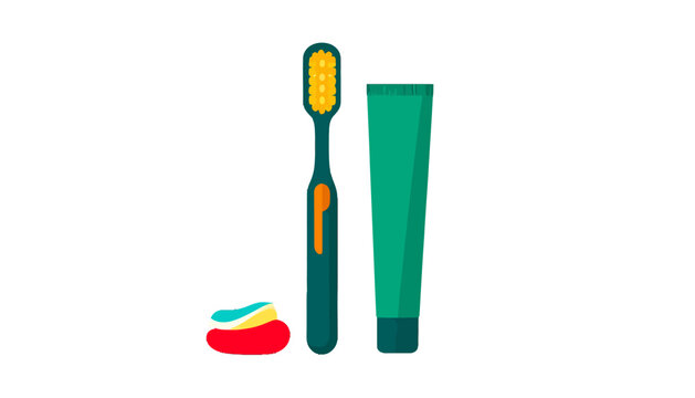 Illustration of toothbrush, toothpaste tube, and a squirt of toothpaste, dental hygiene concept.