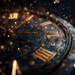 Antique clock strikes midnight with bokeh lights for new year?s eve greeting