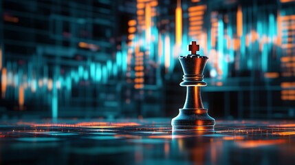 Chess king piece representing market strategy and financial growth with data visualization in a photo