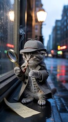 A cute cat detective with magnifying glass on rainy city street