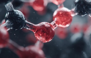 Close-up of a molecule structure, with dark & red spheres connected by transparent rods
