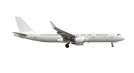 White commercial airplane in flight with landing gear extended