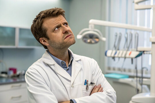 A dentist with a sour expression. Exasperation. Doctor. Suspicion. Suspiciousness.