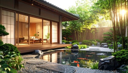 Obraz premium Serene Japanese Garden with Koi Pond and Traditional House