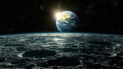 Brilliant Earthrise Over the Moon's Cratered Landscape, Illuminated by a Dazzling Sun.