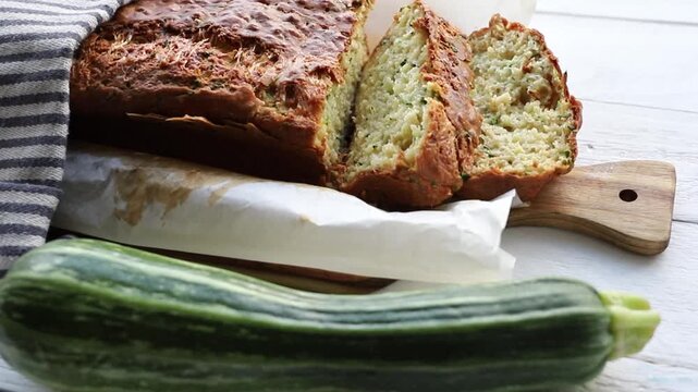 Zucchini and cheese bread recipe, a loaf of bread on a wooden cutting board, covered with a kitchen towel, with a whole zucchini vegetable next to it.