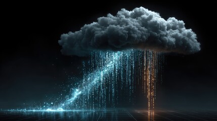 Digital cloud rain on dark surface