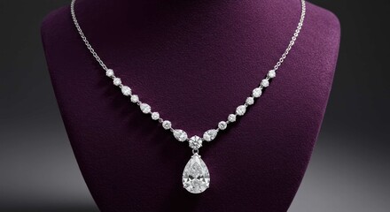 Diamond necklace with teardrop pendant displayed on a purple stand against dark background.