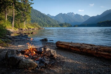 Campfire on a lakeshore, mountains in the background.  Tranquil scene of a crackling fire on a pebbled beach, nestled by a serene lake, with majestic mountains rising behind. 