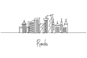 Naklejka premium Ranchi India city skyline in a one line drawing, pairing civic domes, temples and towers with waterfalls and Jharkhand forests. Outline art for travel branding celebrating capital nature and industry.