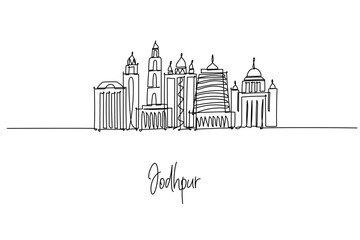 Obraz premium Jodhpur India city skyline in a single line drawing, featuring Mehrangarh Fort over blue houses with palaces and temples on the Thar horizon. Outline art for travel branding of Rajasthan heritage.