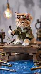 Steampunk cat engineer with goggles and dragonfly on workbench