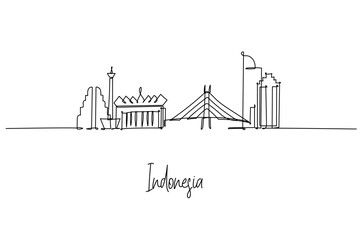 Indonesia country skyline shown as a one line drawing, blending Monas, Istiqlal Mosque, cable stayed bridges and modern towers across the archipelago. Outline art for travel and national identity.