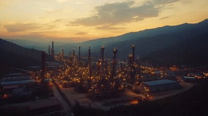 Illuminated petroleum refinery complex nestled against a backdrop of dusky mountains