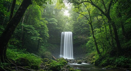 Waterfall cascading through lush green forest trees sunlight filtering through canopy.