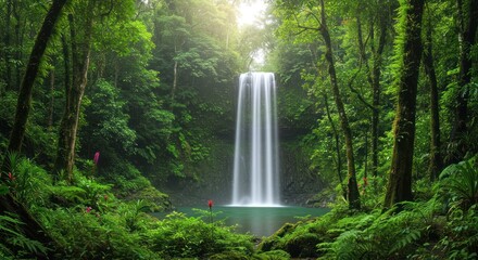 Waterfall cascading into a pool surrounded by lush green forest and trees.