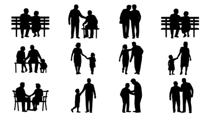 Silhouettes of families and couples in various poses and settings