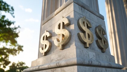 Symbol of capitalism and economic power, golden currency signs on a solid stone pillar.