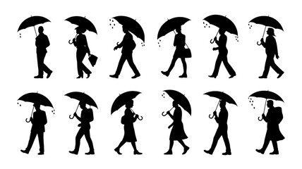 Fototapeta premium Silhouettes of people walking with umbrellas in the rain