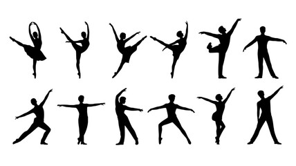 Collection of ballet dancers in various poses silhouettes