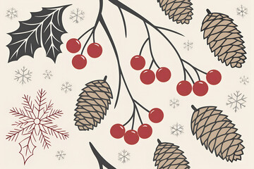 Festive winter holiday seamless pattern with pine cones holly berries and snowflakes on a light background