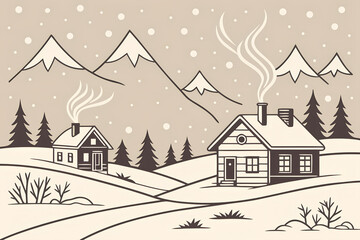 Obraz premium Charming hand drawn winter village scene with snow covered houses and mountains under falling snow