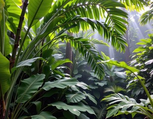 Fototapeta premium a tropical jungle in high humidity with thick overlapping leaves that form a roof blocking the sun leaving the ground damp and dim throughout the day