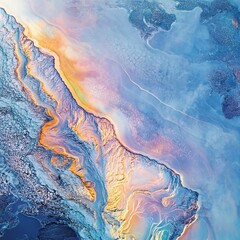 Fototapeta premium A top-down view of an ice sheet with vibrant colors and delicate shapes, resembling a giant opal gemstone, against the blue sky