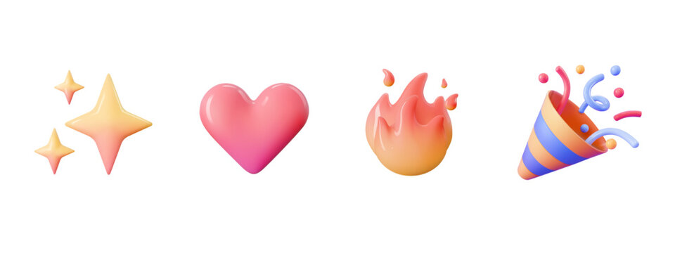 Naklejki 3d emoji sparkles star, party popper, love, and flame icon illustration